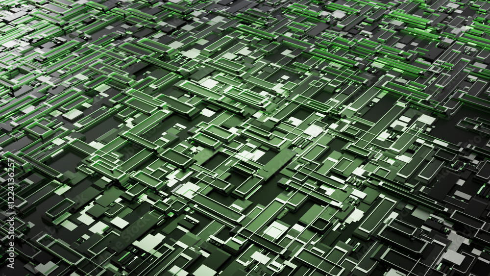Poster 3d green technology background with geometric shape creatine a futuristic circuit pattern. innovatio