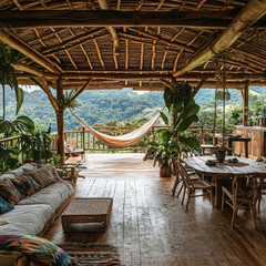 Fototapeta premium A luxurious outdoor restaurant in a resort garden with elegant furniture, including tables and chairs, surrounded by tropical elements like a pool, beach, and summer vibes
