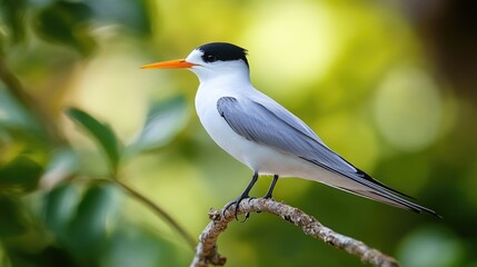 A dainty Fairy Tern perched carefully on a thin branch, balancing with poise and beauty, surrounded by natural greenery