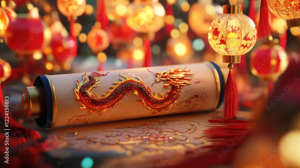 Poster a modern 3d rendering of a chinese scroll with glowing dragon motifs, surrounded by lanterns and red