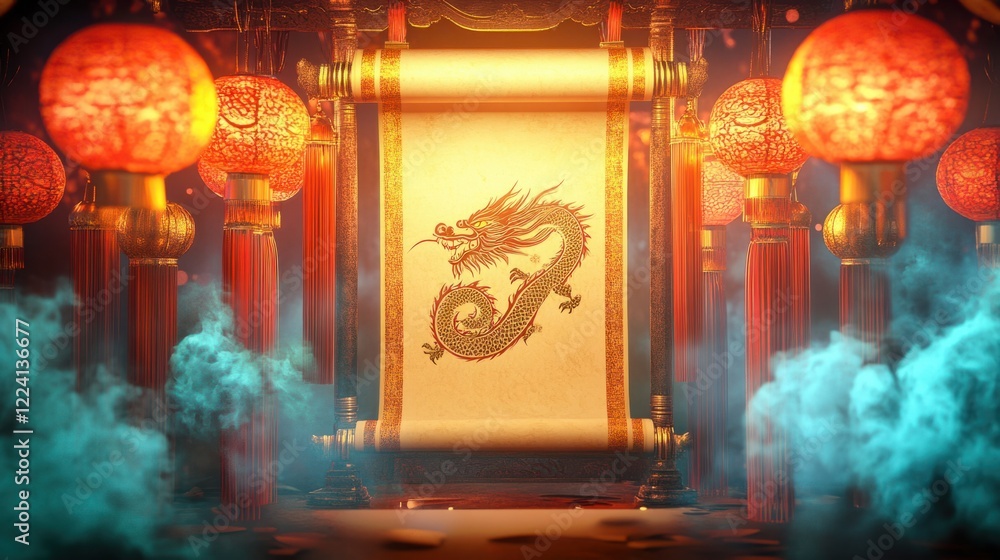Poster a modern 3d rendering of a chinese scroll with glowing dragon motifs, surrounded by lanterns and red