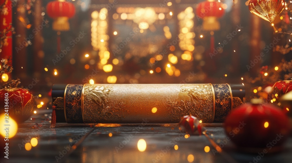 Aufkleber a modern 3d rendering of a chinese scroll with glowing gold accents, surrounded by festive elements 