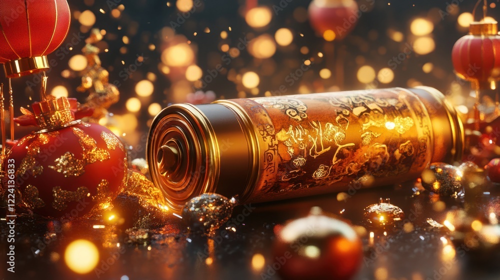 Aufkleber a modern 3d rendering of a chinese scroll with glowing gold accents, surrounded by festive elements 