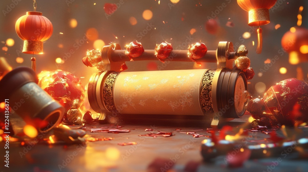 Aufkleber a modern 3d rendering of a chinese scroll with glowing gold accents, surrounded by festive elements 