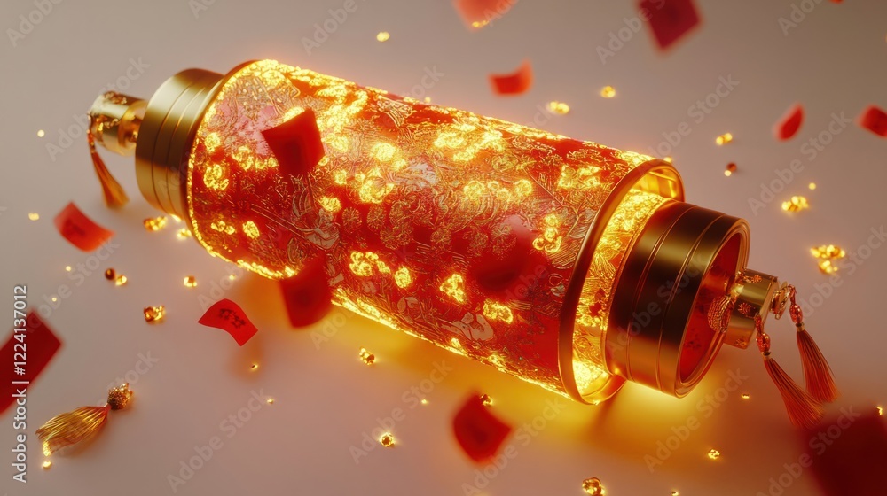 Poster a modern 3d rendering of a glowing chinese style scroll with intricate details, festive red envelope