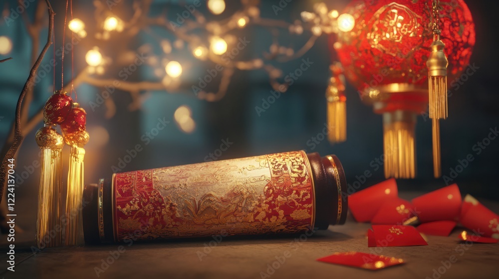 Aufkleber a modern 3d rendering of a glowing chinese style scroll with intricate details, festive red envelope