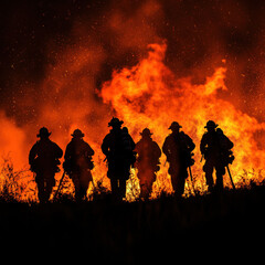 Obraz premium Firefighters in action at sunset with children and families, capturing the thrill of teamwork and summer fun under the sky, with shadows and fire lighting the scene