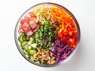 A bowl of mixed vegetables including radishes, carrots, and cucumbers