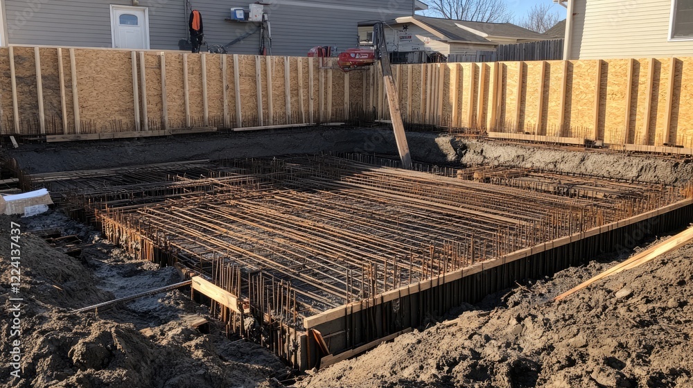 Aufkleber A detailed shot of a foundation pit, with rebar and formwork precisely set in place for concrete pouring, emphasizing the accuracy and readiness for construction work