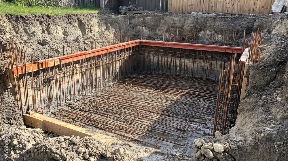 Aufkleber A detailed shot of a foundation pit, with rebar and formwork precisely set in place for concrete pouring, emphasizing the accuracy and readiness for construction work