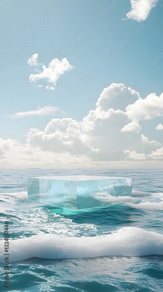 Poster a transparent podium, floating in a serene ocean with soft waves and a clear sky as the backdrop