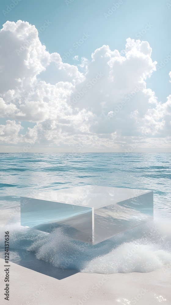 Poster a transparent podium, floating in a serene ocean with soft waves and a clear sky as the backdrop