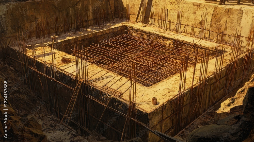 Poster a detailed view of a construction site foundation pit, with rebar and formwork arranged for pouring 
