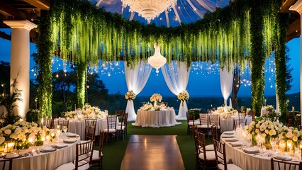 Romantic outdoor wedding reception with lush greenery, elegant floral arrangements, and warm candlelight under a draped canopy at twilight.