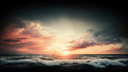 Obraz premium Dramatic Sunset Over Ocean Waves with Colorful Cloudy Sky and Gentle Sea Breeze
