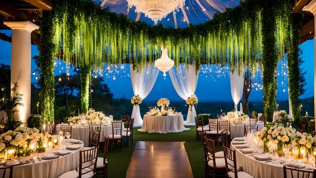 Romantic outdoor wedding reception with lush greenery, elegant floral arrangements, and warm candlelight under a draped canopy at twilight.