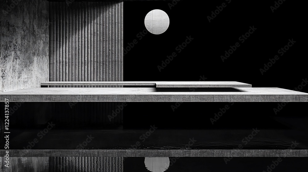 Poster Minimalist concrete architecture with pool reflection and moon.