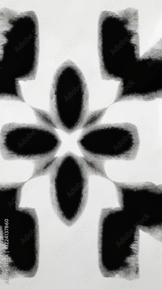 Poster abstract black and white composition featuring symmetrical shapes and soft textures in a minimalist 
