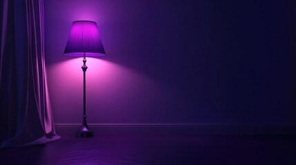 A dimly lit dark room with a softly glowing purple lamp, adding a touch of elegance and color to the minimalist design