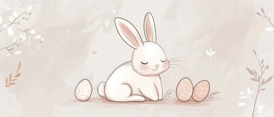 Obraz premium Minimalistic Wabi Sabi Style Easter Bunny with Subtle Imperfections and Serene Aesthetic Surrounded by Uneven Easter Eggs and Natural Elements