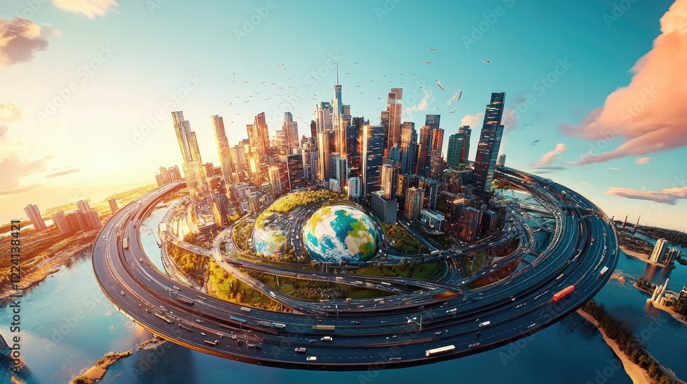 Poster a dynamic 3d representation of the earth globe with an elaborate highway network, surrounded by vibr
