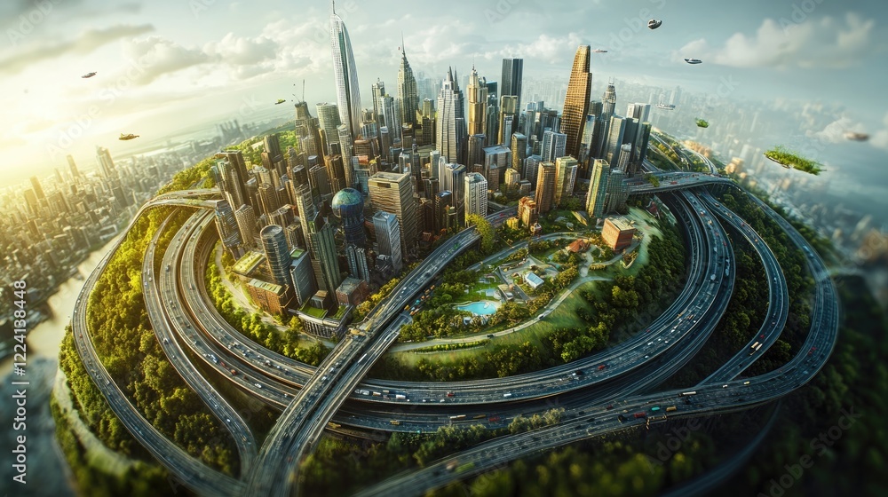 Poster A dynamic 3D representation of the Earth globe with an elaborate highway network, surrounded by vibrant cityscapes and landscapes showcasing global connections