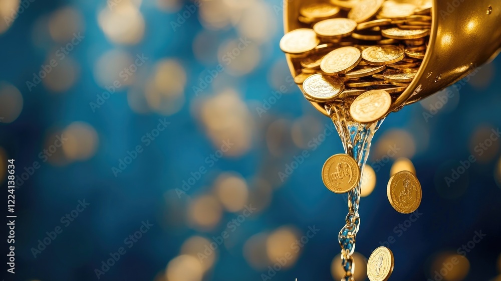 Poster a dynamic shot of gold coins flowing from a golden faucet, suspended mid-air with a rich blue backgr