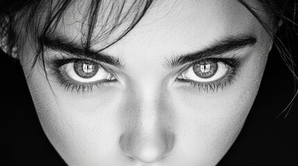 Obraz premium Young woman with an intense and captivating gaze looks directly forward in a dramatic black and white studio portrait.
