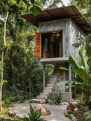Wooden house in the woods with a traditional cottage feel surrounded by trees and nature
