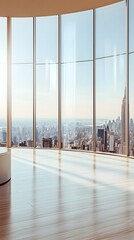 Fototapeta premium A podium inside a gleaming modern office, with floor-to-ceiling windows offering a panoramic city view