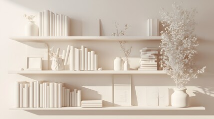 A white shelf arrangement with books and decor, showcasing a minimalist and clean interior design style