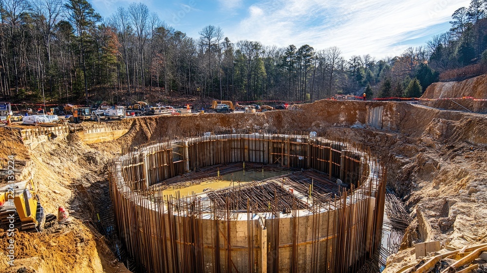 Poster a foundation pit with meticulously arranged rebar and formwork, prepared for concrete pouring, showc