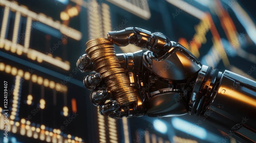 Poster a futuristic robotic hand gripping a stack of coins against a backdrop of financial charts and data,