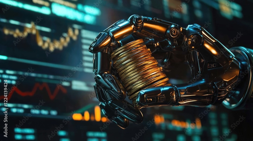Poster A futuristic robotic hand gripping a stack of coins against a backdrop of financial charts and data, symbolizing the integration of technology in finance
