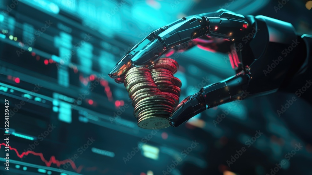 Poster a futuristic robotic hand gripping a stack of coins against a backdrop of financial charts and data,