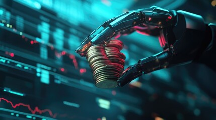 A futuristic robotic hand gripping a stack of coins against a backdrop of financial charts and data, symbolizing the integration of technology in finance