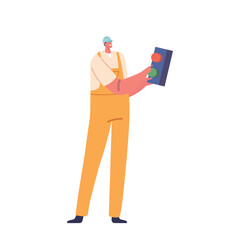 Worker In Hard Hat Press Button With Serious Expression On His Face. Male Character Controlling Industrial Equipment