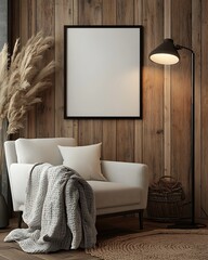 3D render of a cozy reading nook with a blank poster frame mounted on the wall, surrounded by a comfortable armchair, blanket, and floor lamp
