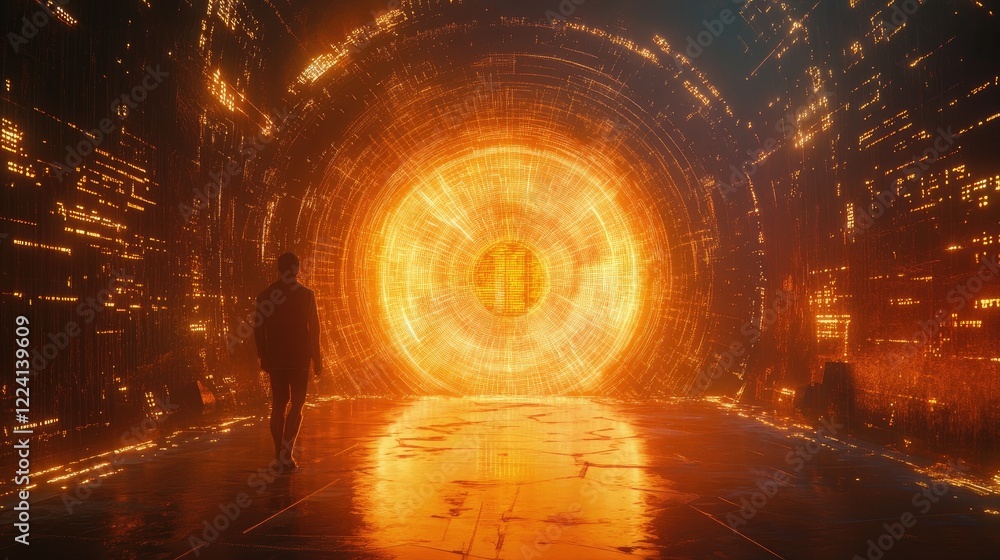 Poster A glowing, high-tech portal surrounded by matrix code in a virtual digital space, creating a futuristic and immersive technological scene