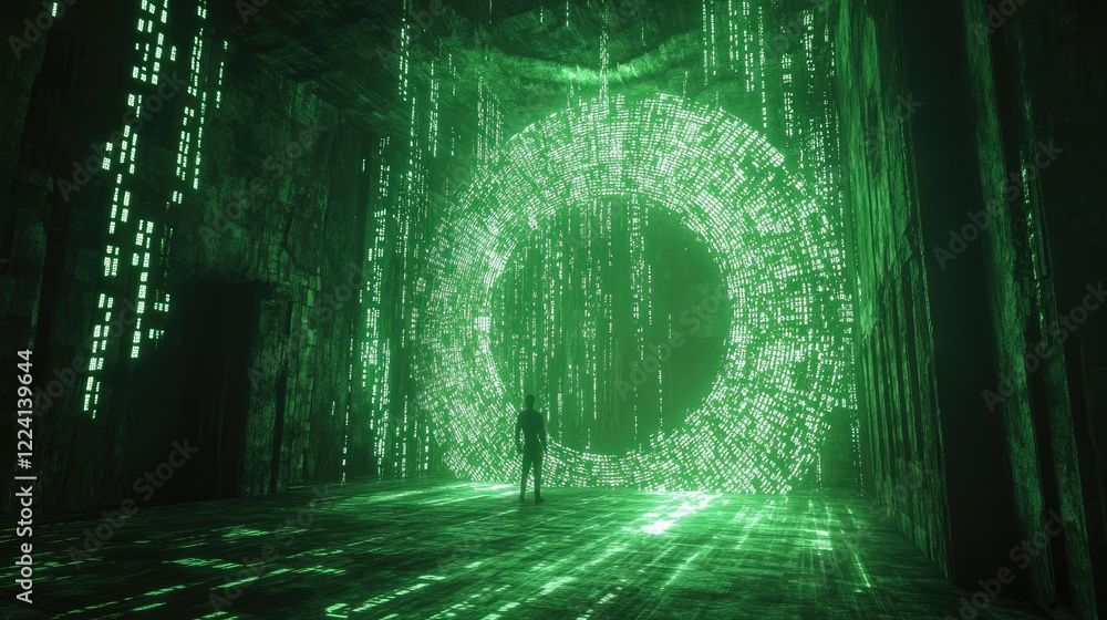 Poster A glowing, high-tech portal surrounded by matrix code in a virtual digital space, creating a futuristic and immersive technological scene