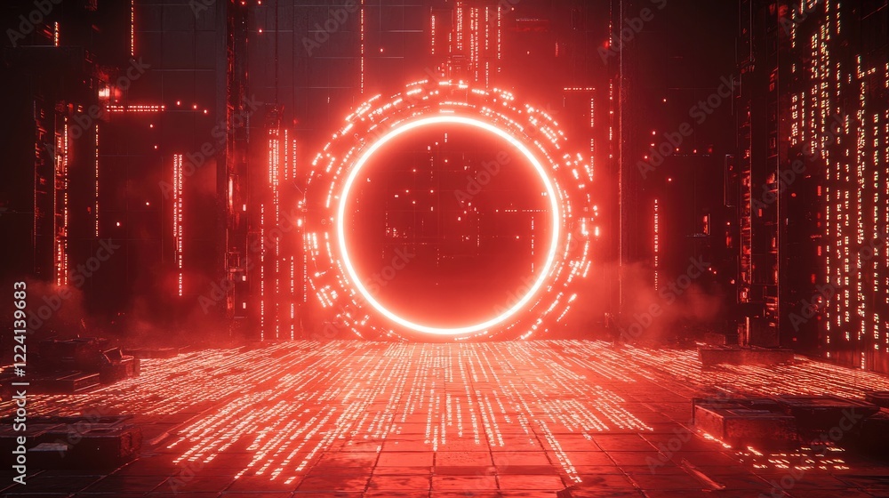 Poster A glowing, high-tech portal surrounded by matrix code in a virtual digital space, creating a futuristic and immersive technological scene