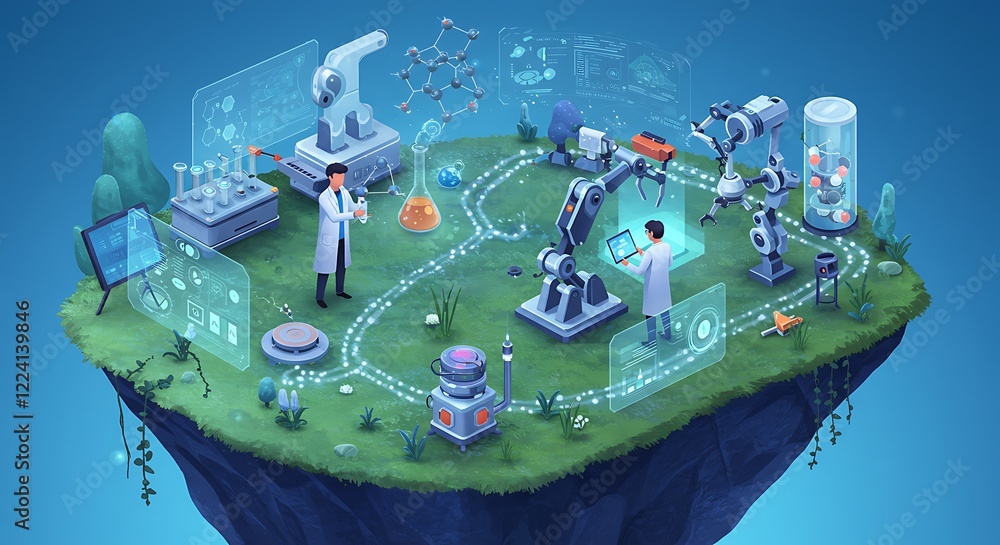 Poster futuristic lab island scientists robotics automation technology