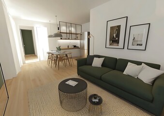 3D rendering of a modern living room with a green sofa and minimalist decor