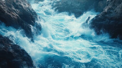 Ocean waves crashing rocky coast, sunset