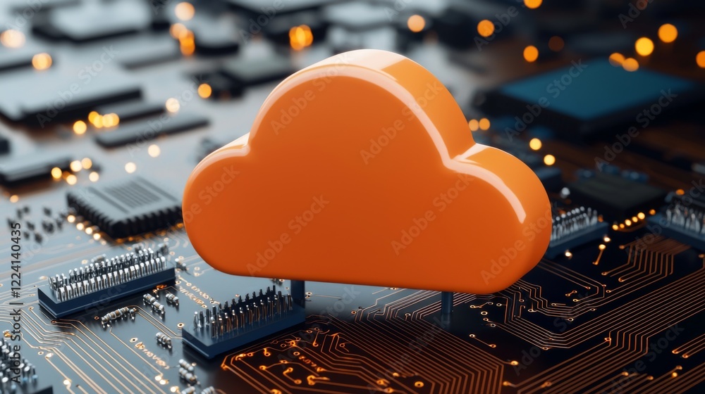 Aufkleber an orange cloud symbol is prominently displayed on a circuit board, representing cloud computing and