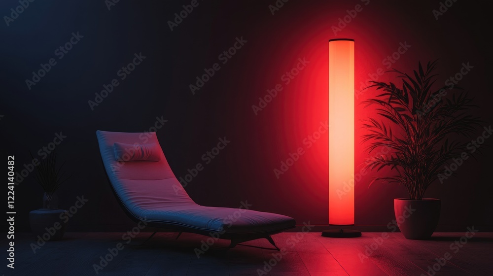 Poster A hidden light source emits a soft red glow in a serene dark room, creating a peaceful and soothing atmosphere perfect for relaxation