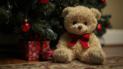 A Plush Teddy Bear Christmas Gift Underneath the Christmas Tree