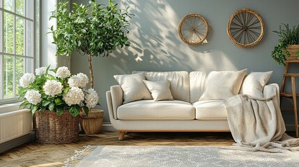 Serene Living Room Interior Design with Hydrangeas and Natural Light
