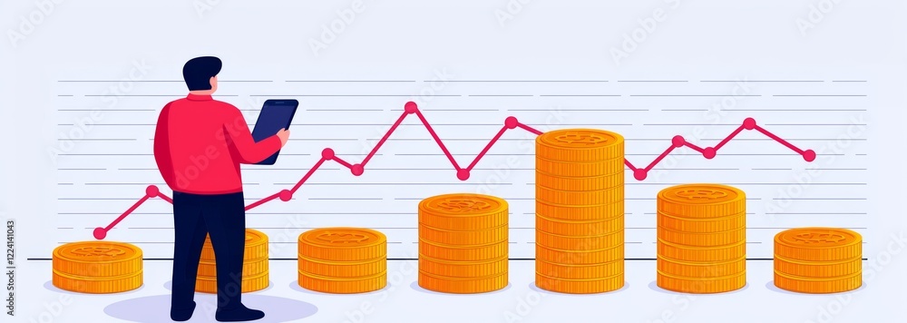 Poster a person observes financial graphs and data while standing in front of rising bar charts and coins, 