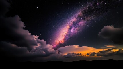 Fototapeta premium Breathtaking Night Sky with Milky Way Galaxy and Dramatic Clouds Over Dark Horizon